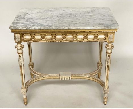 CONSOLE TABLE, French Louis XVI style grey painted parcel gilt with Carrara marble top, ribbon loop frieze and centre stretch