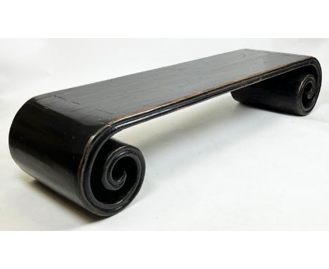 LOW SCROLL TABLE, 37cm H x 187cm x 49cm, Chinese black lacquer. 