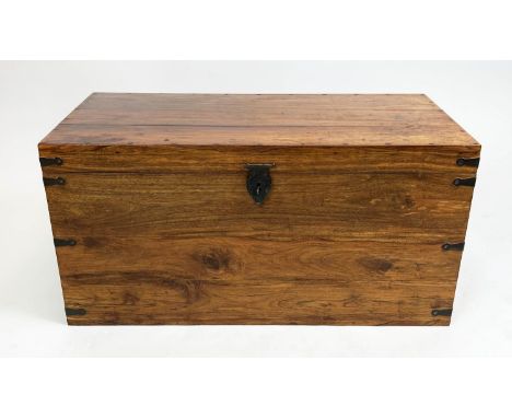 TRUNK, teak and iron bound with rising lid and carrying handles, 47cm H x 96cm x 47cm. 