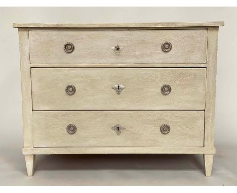 GUSTAVIAN COMMODE, 19th century Swedish traditionally grey painted with three long drawers and square tapering supports, 106c