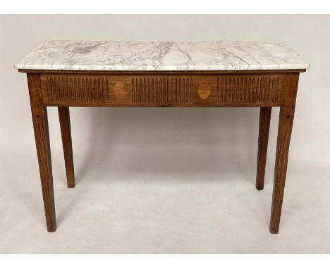 CONSOLE TABLE, 18th century Italian walnut with arabiscata marble top fluted frieze and tapering fluted supports, 122cm x 54c