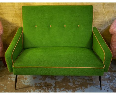 SOFA, 90cm H x 129cm W, circa 1960, newly upholstered in green chenille on black metal legs. 
