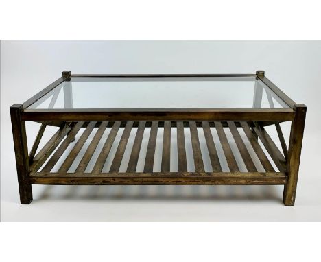 LOW TABLE, 120cm x 70cm x 45cm H, 1970's French brass with slatted under tier shelf. 