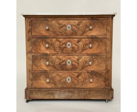 COMMODE, 19th century French Napoleon III bleached flamed mahogany with four long drawers and silvered metal mounts, 81cm W x