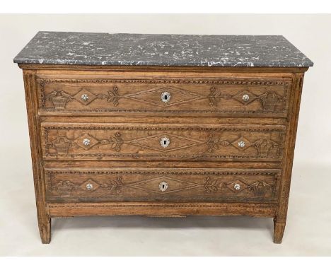 COMMODE, 18th century French provincial Louis XVI oak with St Annes variegated grey marble top above three long carved drawer