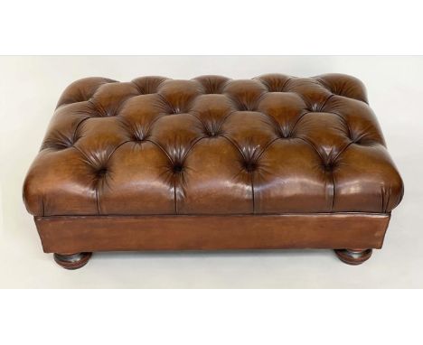 HEARTH/CENTRE STOOL, rectangular with mid brown deep button upholstered leather and turned supports, 100cm W x 64cm D x 37cm 