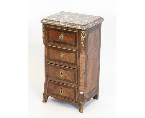 PETITE COMMODE, 73cm h x 42cm x 33cm, Louis XV kingwood, rosewood and gilt metal mounted with marble top above four drawers. 