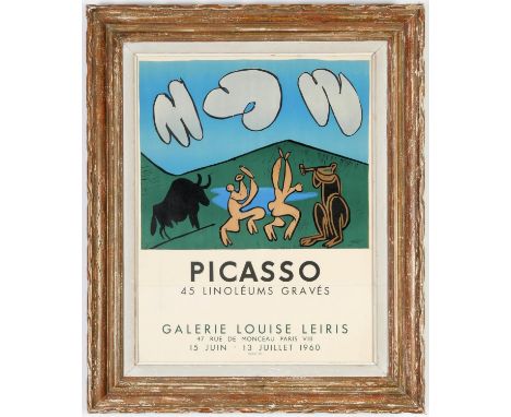 PABLO PICASSO, 45 Linoleums Graves, 1960 rare lithographic poster, 1960, printed by Mourlot, vintage French frame. 62cm x 47c