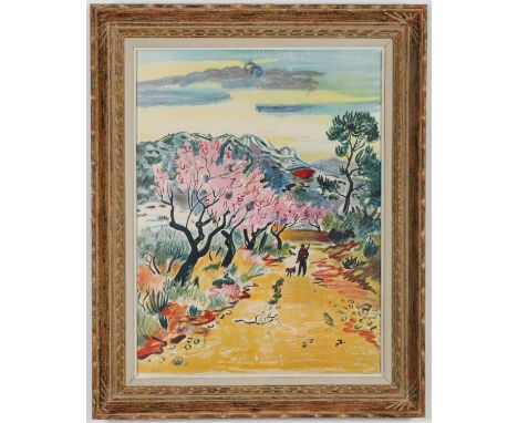 YVES BRAYER, Provence, Man with dog lithograph 1972, vintage French frame Montparnasse frame, 63.5cm x 48cm. 