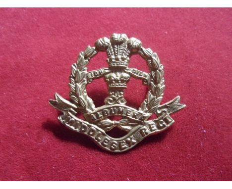 The of Cambridge's Own (Middlesex Regiment) WWI War Economy Forage Cap Badge (Brass), two lugs. K&amp;K: 672-The of Cambridge