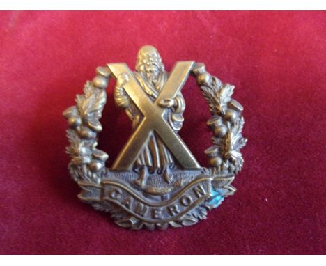 The Queen's Own Cameron Highlanders WWI Economy Cap badge (Brass), two lugs. K&amp;K: 688