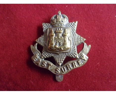 East Surrey Regiment WWI War Economy Forage Cap Badge (Brass), slider. K&amp;K: 640