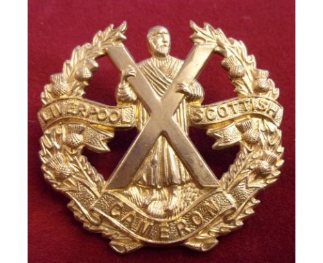 Queen's Own Cameron Highlanders (The Liverpool-Scottish) Territorial Regiment Officers Cap Badge (Gold-gilt), two lugs, desig