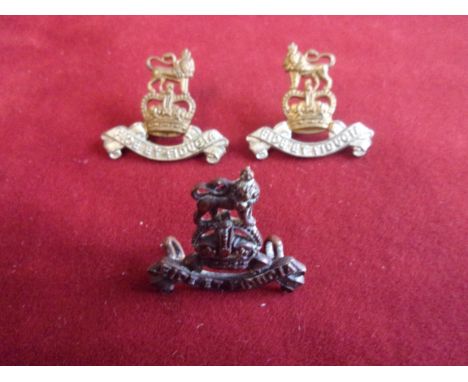 Royal Army Pay Corps EIIR facing Collar Badge pair (Bi-metal), lugs and WWII Collar Badge (Bronze), two lugs. Scarce