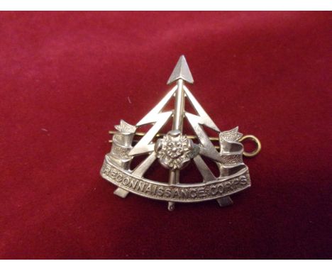 49th Reconnaissance Regiment WWII Officers Cap Badge (White-metal), two lugs. Issued between 1942-1946. This badge has the La