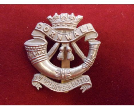 1st Cornwall (Truro) Regiment Volunteer Battalion  WWI Cap Badge (White-metal), slider, second type with scroll device added 