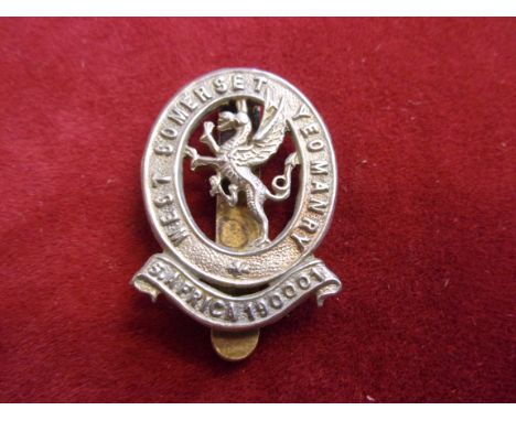 The West Somerset Yeomanry (Hussars) WWI Cap Badge (White-metal), slider. K&amp;K: 1460