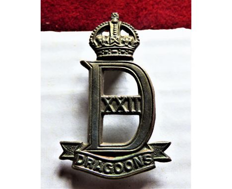 22nd Dragoon Guards WWII Cap Badge (White-metal), slider. K&amp;K: 1912