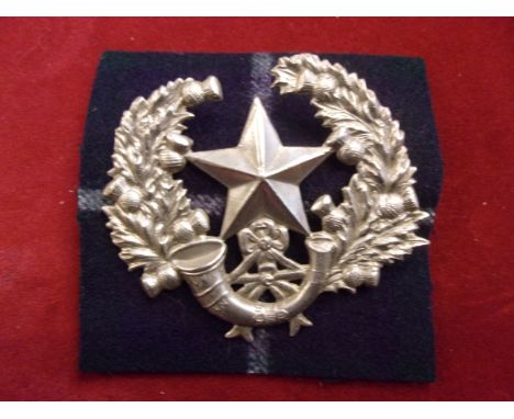Cameronians (Scottish Rifles) WWI Glengarry Badge (White-metal with Tartan backing), two lugs. K&amp;K: 631
