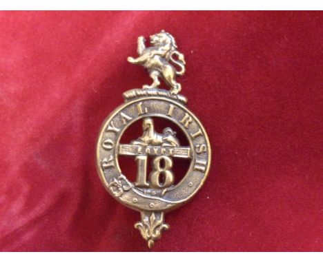 18th Royal Irish Regiment of Foot (Royal Irish) Glengarry badge of the Pre-Territorial era 1874-1881 (brass), two lugs. K&amp