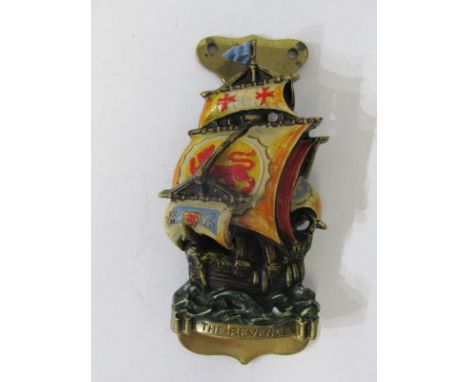 MARITIME, enamelled brass door knocker "The Revenge - Galleon Ship" registered design circa. 1937, 11cm height 