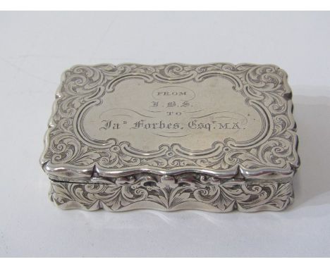 VICTORIAN SILVER SNUFF BOX with engraved decoration, presented to J Forbes Esq. 6cm width, Birmingham HM. 69 grams 