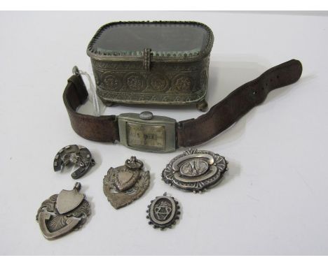 VINTAGE WATCH, Art Deco Lip silver cased wrist watch  on leather strap, 2 silver medallions, bar brooch, etc, all in white me