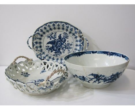 EARLY ENGLISH PORCELAIN, 18th Century Worcester "Pine Cone" pattern tureen stand, a pierced oval basket and "Fisherman" patte