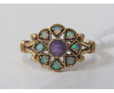 9ct YELLOW GOLD OPAL &amp; AMETHYST STYLE CLUSTER RING, size M/N.&nbsp;marked 10k only