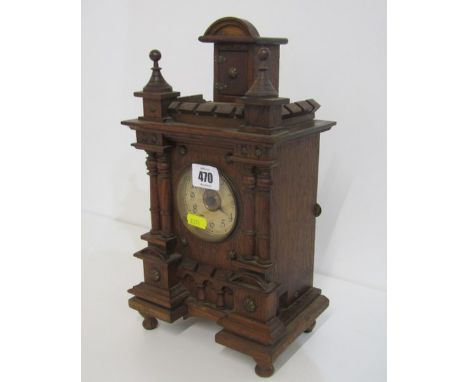 ANTIQUE CUCKOO CLOCK, oak architectural design cuckoo clock and key, 32cm height