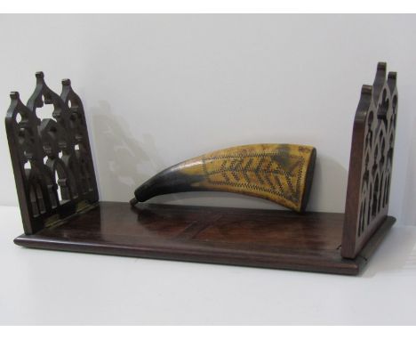 EARLY VICTORIAN EXTENDING ROSEWOOD BOOK RACK, 34cm width; also antique engraved horn hunting flask 