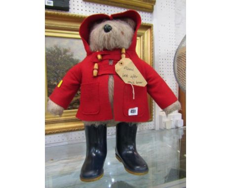 VINTAGE PADDINGTON BEAR, 18" vintage Paddington Bear dressed in red duffle coat with  name tag, wearing navy Dunlop wellingto