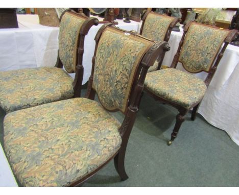 VICTORIAN SET 4 CARVED WALNUT SCROLL BACK DINING CHAIRS, original castors with floral tapestry upholstery 