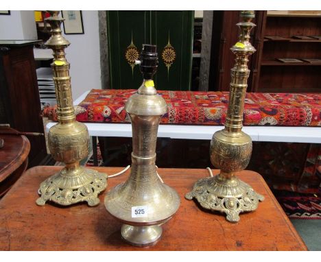EASTERN TABLE LAMPS, pair of Eastern brass table lamps, on decorated bulbus supports and pierced body base, 50cm height, toge