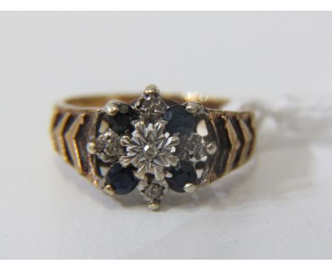 9ct STONE SET DRESS RING, 9ct yellow gold ring set blue and white stones, size K/L 