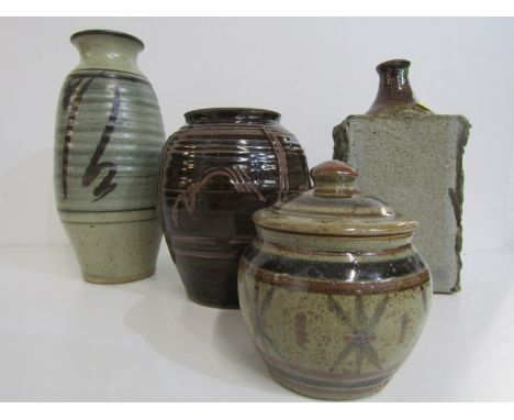 WENFORD BRIDGE, brown glazed 16cm vase with incised decoration, also slab form stoneware bottle and 2 other pieces of studio 