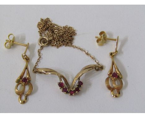 RUBY JEWELLERY, 9ct yellow gold pendant set 5 rubies on a finelink necklace, together with a pair of yellow gold drop earring