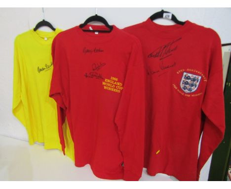 1966 FOOTBALL WORLD CUP, 3 autographed commemorative shirts including Gordon Banks and Geoff Hurst, together with autographed