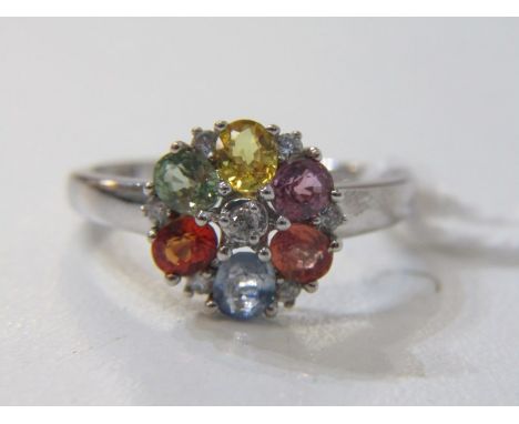 GOLD MULTI STONE RING, 18ct white gold ring set diamond, ruby, sapphire, citrine, etc, in a cluster, size M/N 
