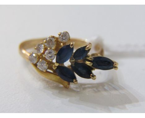 UNUSUAL SAPPHIRE &amp; DIAMOND CLUSTER SET in 18ct yellow gold, spray design, 5 good colour marquise cut sapphires, 6 brillia