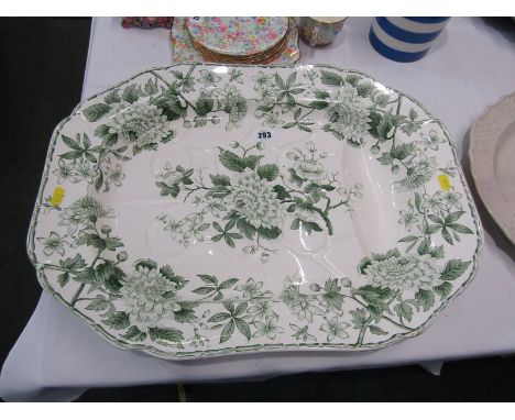 COPELAND LATE SPODE, gravy well serving dish, green floral transfer decoration, 53cm width 
