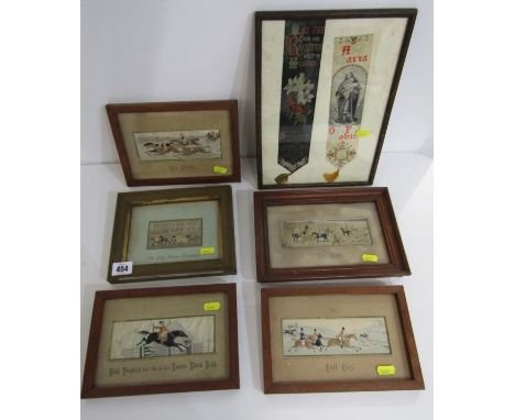 STEVENGRAPHS, 3 hunting silk Stevengraphs, together with "Lady Godiva Procession" and "Dick Turpin's Last Ride", also 2 frame