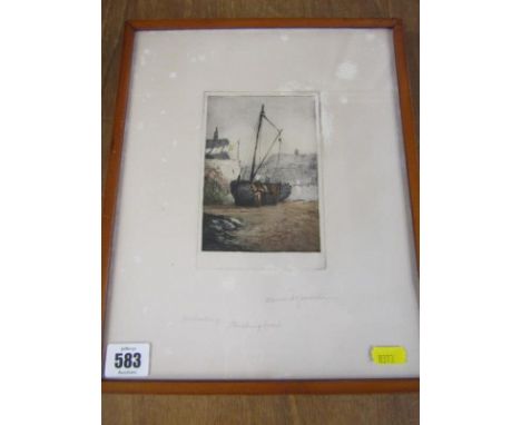 CLAUDE ROWBOTHAM, signed etching "Unloading at Flushing Beach", 13 cm x 9cm 