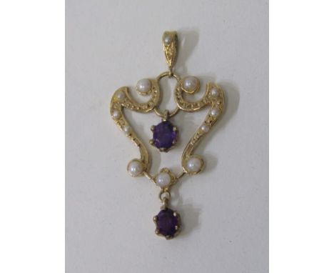9ct YELLOW GOLD ART NOUVEAU DESIGN PENDANT, set with amethyst and seed pearl 
