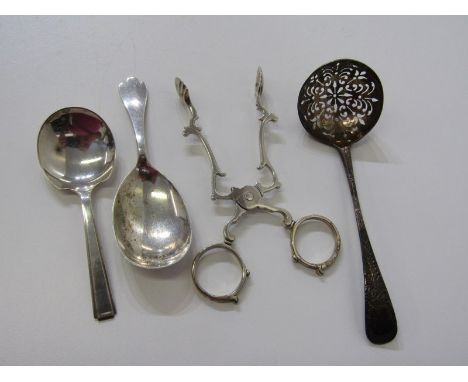 2 SILVER CADDY SPOONS, 1 with trefoil finial, silver sugar shaking spoon and a pair of silver sugar nips with London HM 