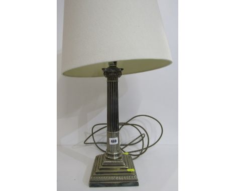 VINTAGE LIGHTING, classical column plated square base table lamp and shade, 36 cm height 