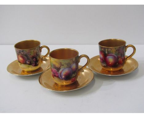 ROYAL WORCESTER TEAWARE, 3 fruit painted and gilded cups with matched Bavarian gilded saucers, signed by 3 various artistsTwo