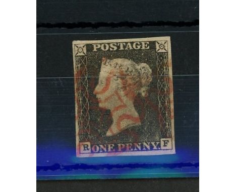 1840 1d black, R-F, F/U with red maltese cross, 4 margins, fine.