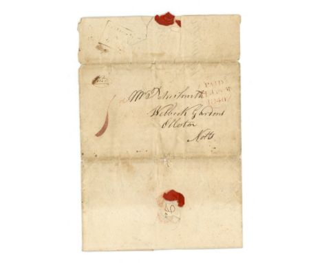 1840 (Jan 10th) First Day of Uniform Penny Post: Entire letter from Inverary to Ollerton, bearing red manuscript "1d", London