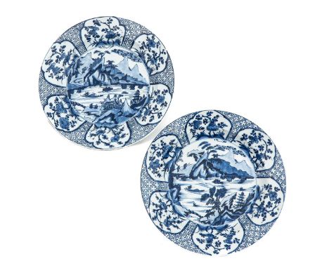 Depicting landscape with mountains and boats on water, marked with double ring and Lozenge, 18th Century, 36 cm. in diameter.